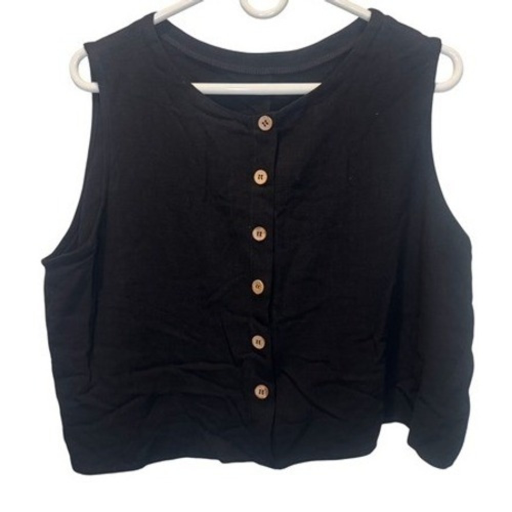 Anrabess Womens XXL Black Button Front Sleeveless Crop Top Tank Round Neck New
